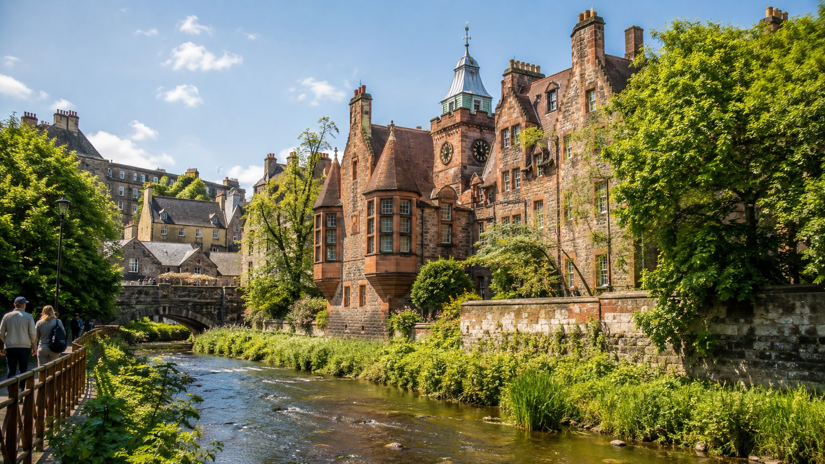Historic Dean Village beside the Water of Leith in summer