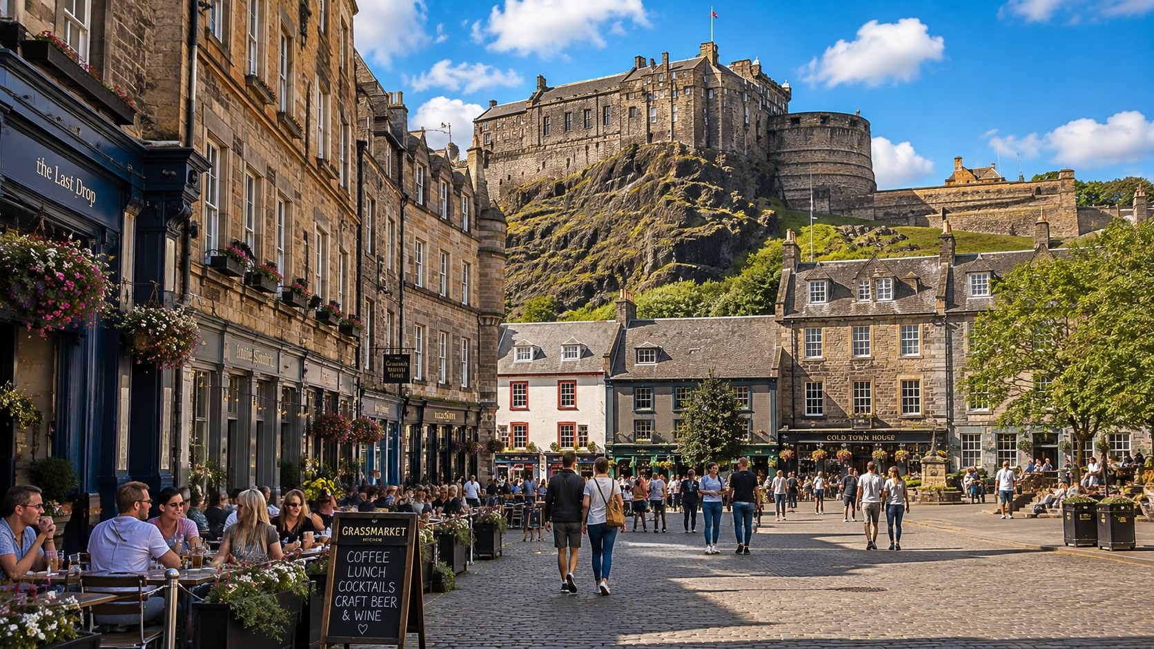 The lively historic Grassmarket beneath Edinburgh Castle