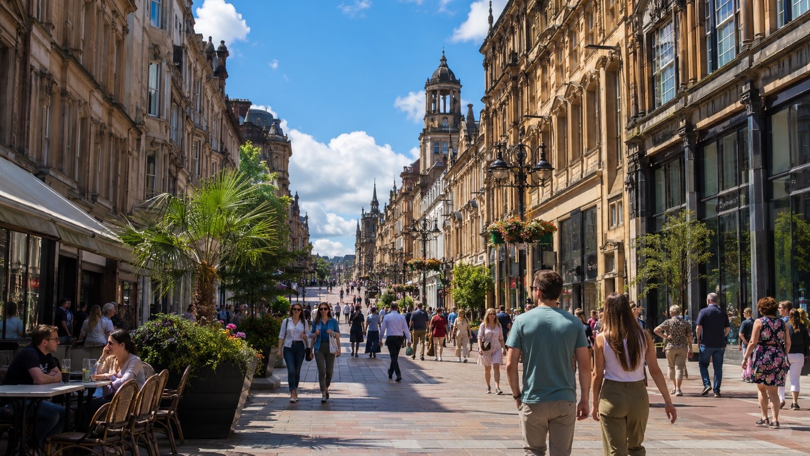 Buchanan Street filled with summer city life and historic architecture