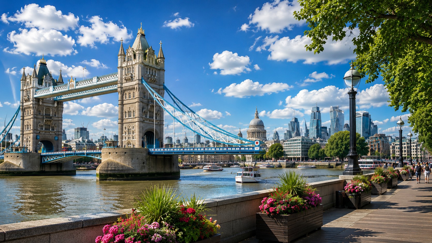 Tower Bridge, the River Thames and the London skyline on a bright summer afternoon