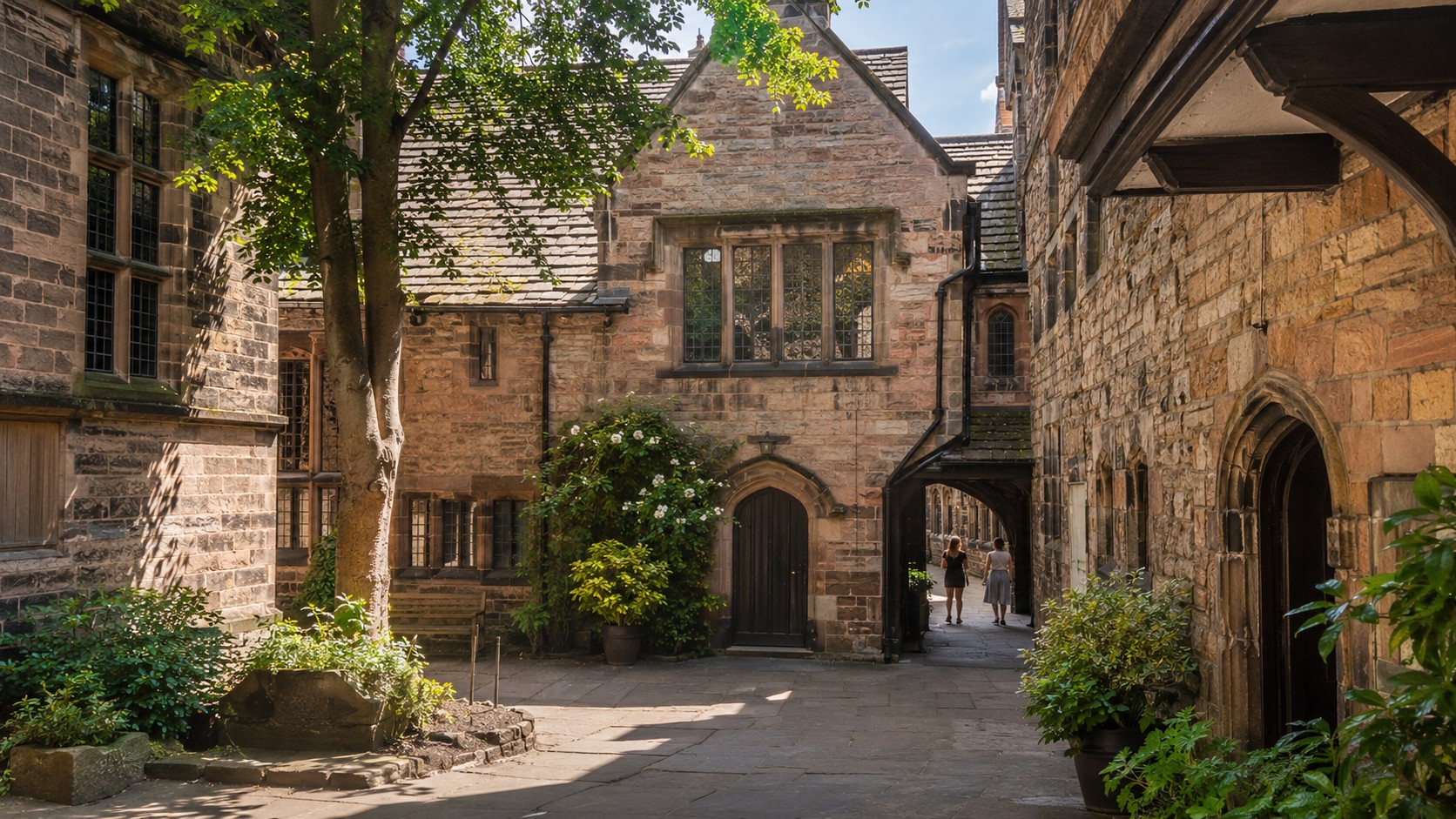 The peaceful medieval courtyard and historic stone buildings of Chetham's Library