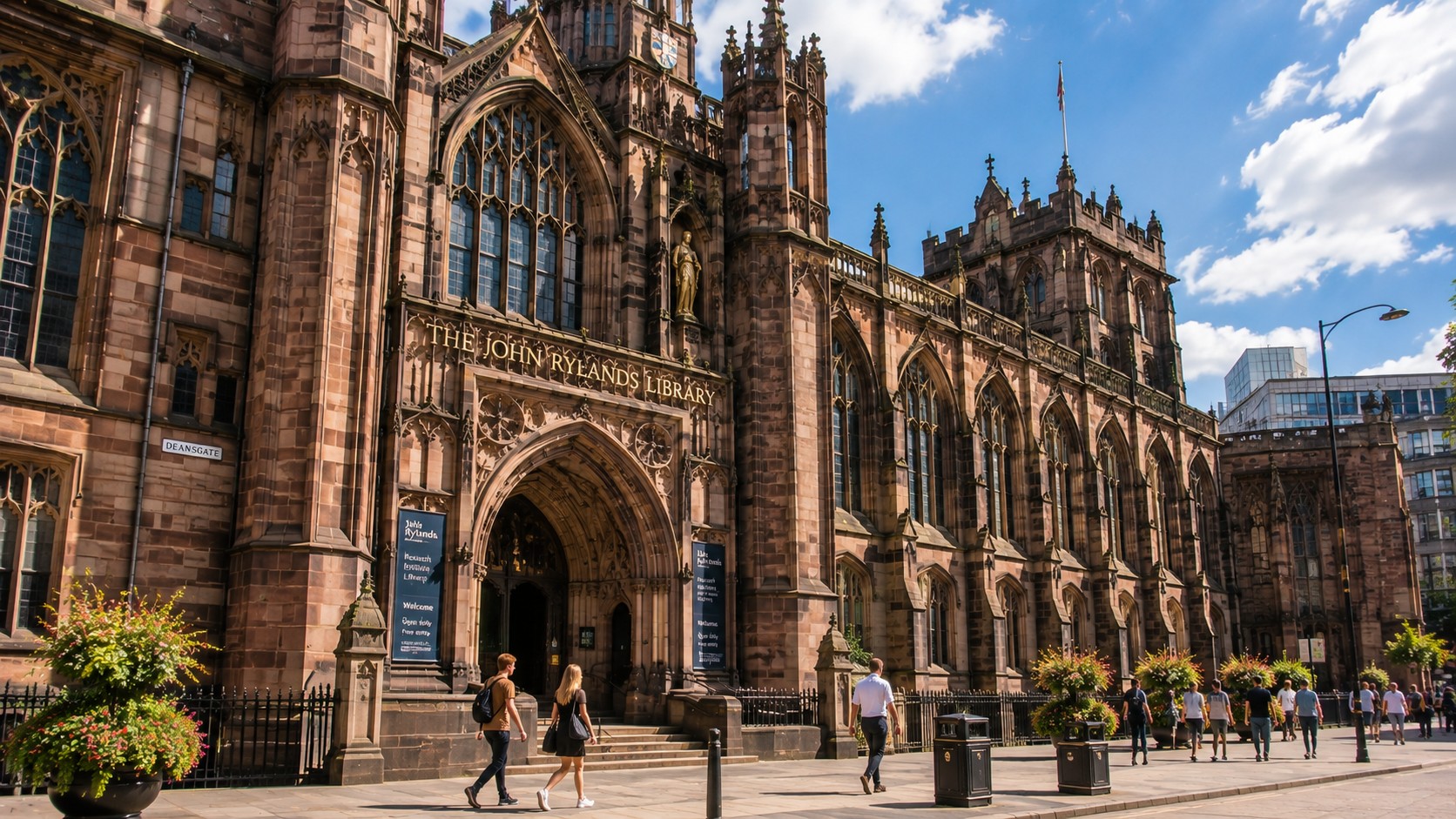 The detailed neo-Gothic sandstone facade of the John Rylands Library