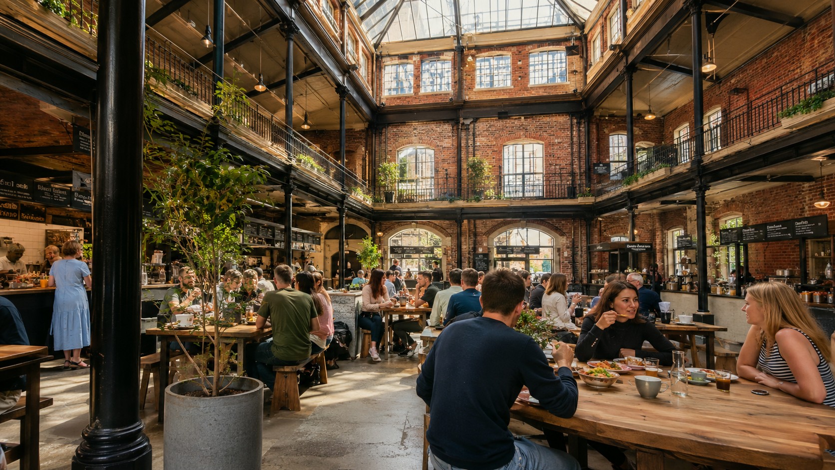 Visitors eating and socialising inside the restored Mackie Mayor market hall