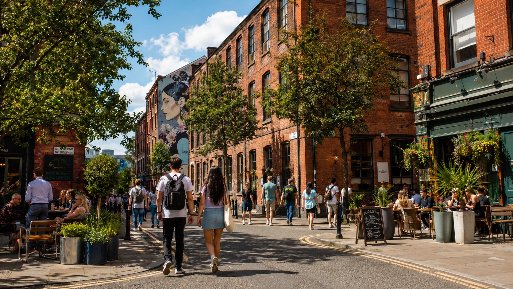 People walking among independent cafes and red-brick buildings in Manchester's Northern Quarter
